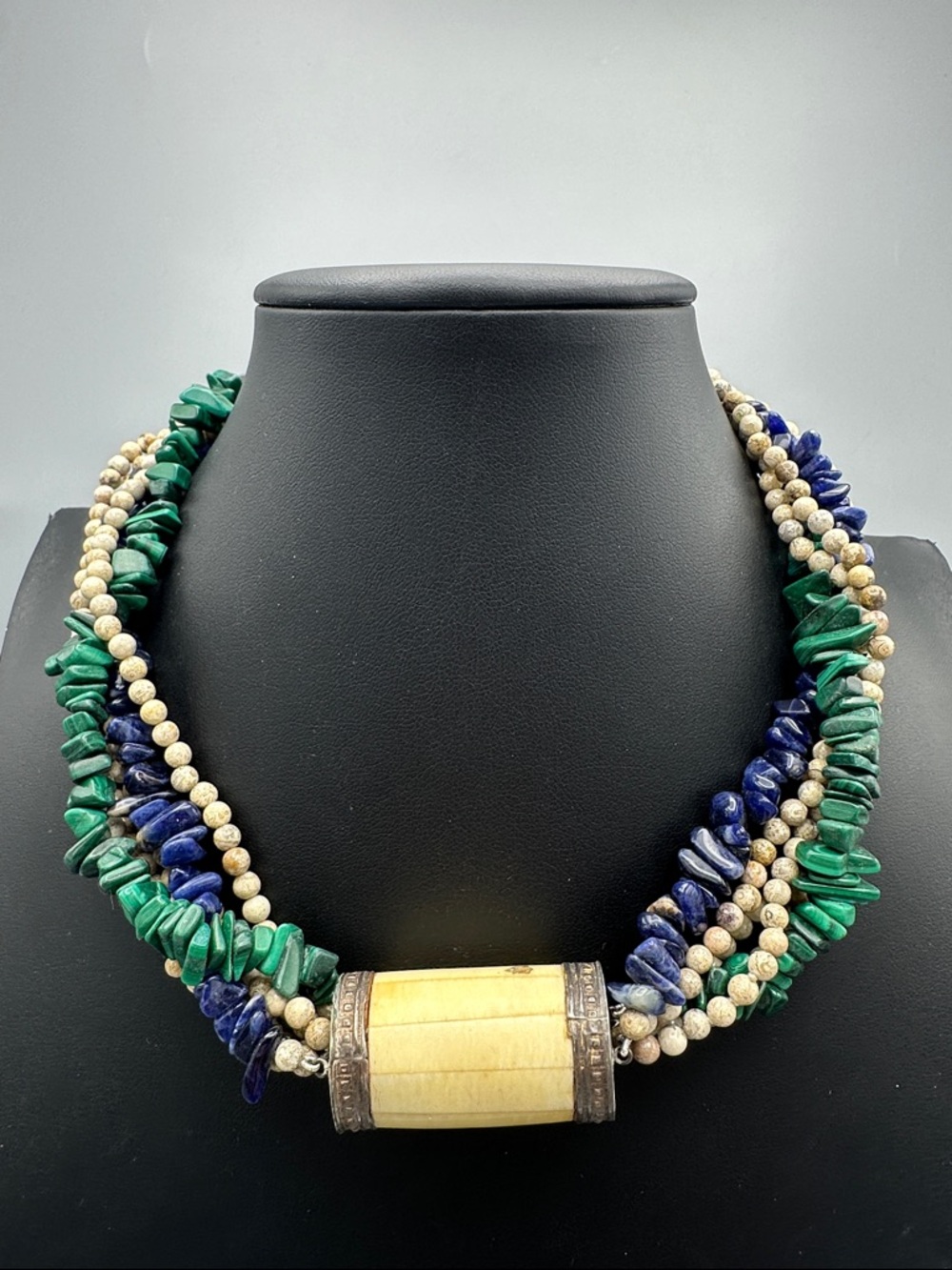 Multi-Strand Green & Blue Gemstone Beaded Necklace with bone Accent